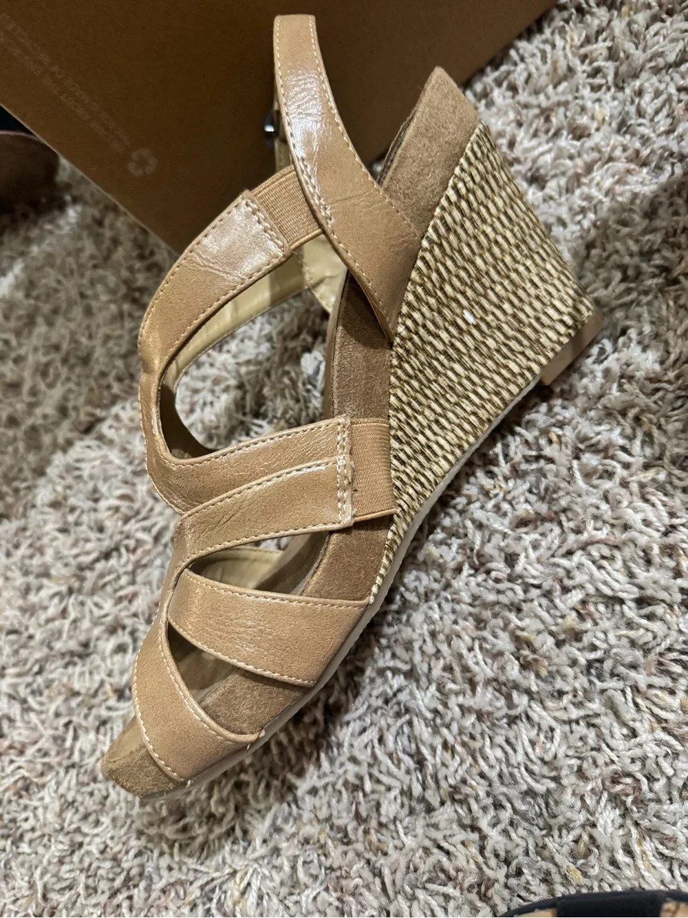 TWO AEROSOLES Women's Black Tan Wedge Strappy Sandals *Comfort Memory Foam*